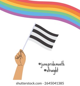 A hand holding straight pride flag. LGBT pride month square banner. Vector illustration for an annual celebration of gender diversity
