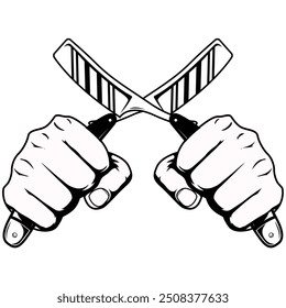 Hand holding straight razor tools vector illustration. Fist with shaving knife for logo, label, emblem, sign, badge.	
