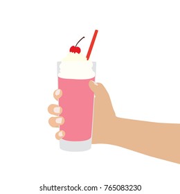 Hand holding a strawberry milkshake, vector illustration design. Hands collection.