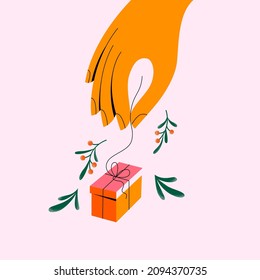 Hand Holding String of Wrapped Gift Box as Winter Holiday Congratulation Vector Illustration. Present and Christmas Souvenir Exchange Concept