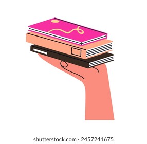 Hand holding study books stack. Student recommending literature to read. Academic textbooks for education. Fiction stories, novels on palm. Flat vector illustration isolated on white background