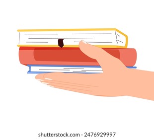 Hand holding study books stack. Student recommending literature to read. Academic textbooks for education. Fiction stories, novels on palm. Flat vector illustration isolated on white background