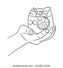 Hand holding a stylish glass with fruit slices cocktail. Sketch. Vector.