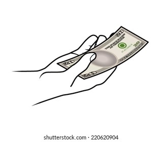 Hand holding a stylized US Dollar bank note.