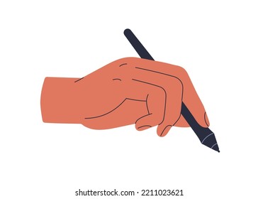 Mano sosteniendo el estimulo. Artistas brazo, muñeca con herramienta digital de dibujo electrónico, pintura y escritura para tableta. Ilustración vectorial gráfica plana aislada en fondo blanco