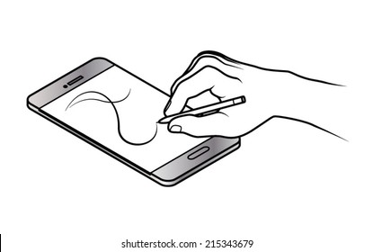 A hand holding a stylus drawing on a pressure-sensitive smartphone / phablet. Screen shows flowing strokes of varying weights.