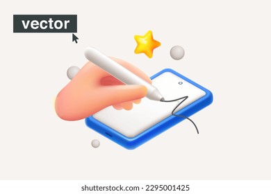 Hand holding stylus and drawing something on pad, smartphone, or tablet. Realistic 3D render design. Online schedule notes, diary. Vector art in fun cartoon plastic style. Social Media illustration.