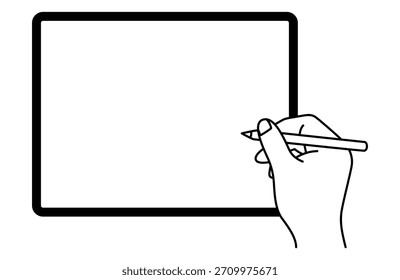Hand holding a stylus and a landscape tablet