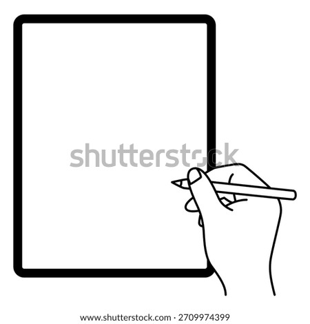 Hand holding a stylus and a landscape tablet