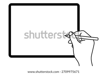 Hand holding a stylus and a landscape tablet