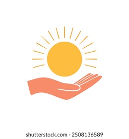 Hand holding sun icon. Minimalist hand holding sun icon in flat style, perfect for branding, website, app, and social media.