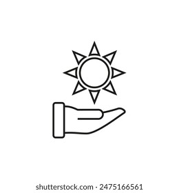 Hand holding the sun. Outline vector icon on a white background.