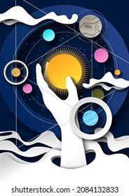 Hand holding the Sun, space background with planets, stars, vector illustration in paper art style. Occultism. Mystic, magic, astrology predictions.