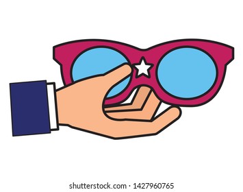 hand holding sunglasses with star vector illustration