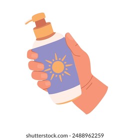 Hand holding sunscreen lotion bottle, hand with sunscreen lotion vector Illustration