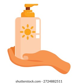 Mano que sostiene la loción del protector solar para la protección solar eficaz durante las vacaciones de verano
