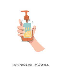 Hand holding sunscreen. Skin care. Protection from the sun and sun rays, healthy skin, even tan. Vector flat illustration on isolated background