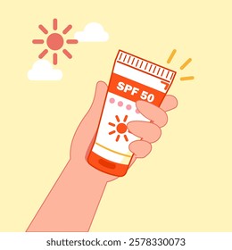 A hand holding a sunscreen with SPF 50, showcasing sun protection for healthy skin for outdoor activities or daily skincare routines.