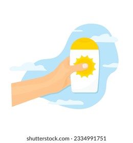 hand holding sunscreen SPF cream, concept of skin burn, cancer prevention- vector illustration