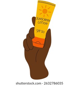 Mão segurando protetor solar SPF creme. Proteção da pele contra raios solares nocivos, conceito de proteção UV. Ilustração de cuidados com a pele de verão e de segurança solar