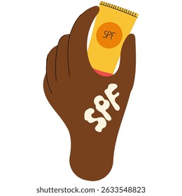 Hand holding sunscreen SPF cream. Skin protection from harmful sun rays, UV protection concept. Summer skincare and sun safety illustration