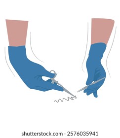  hand holding surgical knife. Surgeon Hands, Doctor Holding a Scalpel.Forceps and thread