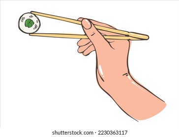 Hand holding sushi with chopsticks. Asian food. Japanese rolls with seafood and rice. Vector illustration for any design.