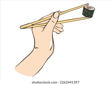 Hand holding sushi with chopsticks. Asian food. Japanese rolls with seafood and rice. Vector illustration for any design.