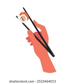 Hand holding sushi using chopsticks stock illustration. Hand holding Japanese, Chinese, Asian sushi, roll with pair of wooden chopsticks. Human hand with chopsticks and sushi, roll with salmon