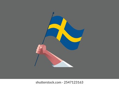 Eine Hand, die eine Schwedenflagge hält, Schwedenflagge Nationalsymbol, Vektorgrafik, Rechteck Schwedische Flaggengrafik, Flache Vektorgrafik
