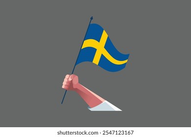 Eine Hand, die eine Schwedenflagge hält, Schwedenflagge Nationalsymbol, Vektorgrafik, Rechteck Schwedische Flaggengrafik, Flache Vektorgrafik
