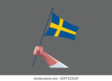 Eine Hand, die eine Schwedenflagge hält, Schwedenflagge Nationalsymbol, Vektorgrafik, Rechteck Schwedische Flaggengrafik, Flache Vektorgrafik
