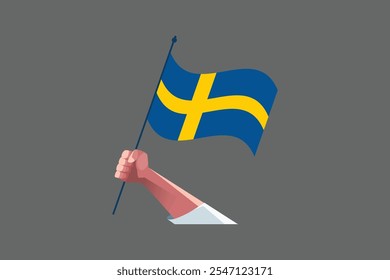 Eine Hand, die eine Schwedenflagge hält, Schwedenflagge Nationalsymbol, Vektorgrafik, Rechteck Schwedische Flaggengrafik, Flache Vektorgrafik
