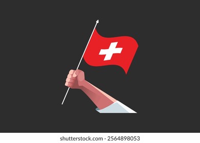 A hand holding a Switzerland flag, Flag of Switzerland national country symbol illustration Vector, Rectangle Switzerland flag illustration, Flat vector illustration
