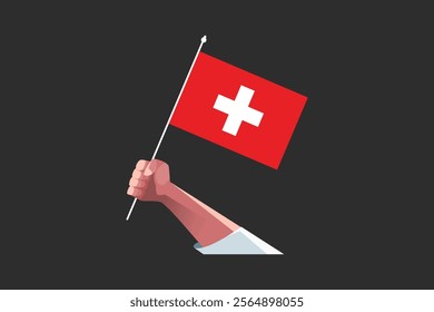 A hand holding a Switzerland flag, Flag of Switzerland national country symbol illustration Vector, Rectangle Switzerland flag illustration, Flat vector illustration
