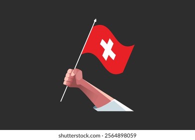 A hand holding a Switzerland flag, Flag of Switzerland national country symbol illustration Vector, Rectangle Switzerland flag illustration, Flat vector illustration
