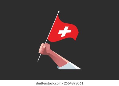 A hand holding a Switzerland flag, Flag of Switzerland national country symbol illustration Vector, Rectangle Switzerland flag illustration, Flat vector illustration
