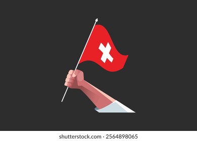 A hand holding a Switzerland flag, Flag of Switzerland national country symbol illustration Vector, Rectangle Switzerland flag illustration, Flat vector illustration
