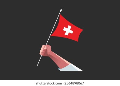 A hand holding a Switzerland flag, Flag of Switzerland national country symbol illustration Vector, Rectangle Switzerland flag illustration, Flat vector illustration
