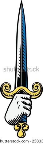 A hand holding a sword or dagger medieval weapon design illustration in a vintage woodcut retro tattoo style