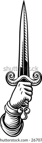 A hand holding a sword or dagger medieval weapon design illustration in a vintage woodcut retro tattoo style