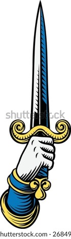 A hand holding a sword or dagger medieval weapon design illustration in a vintage woodcut retro tattoo style