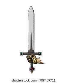 Hand holding sword hand drawn image. Original colorful artwork, comic childish style drawing.