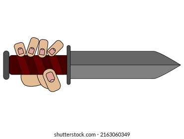 Hand holding sword isolated on white background in cartoon style in vector graphic