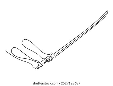 Hand holding a sword in one continuous line drawing. Minimalist design for strength and historical themes. Hand-drawn illustration for warriors.