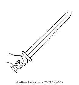 Ilustración vectorial de contorno de espada de mano. Ilustración vectorial en blanco y negro de una mano que agarra una espada de estilo medieval.