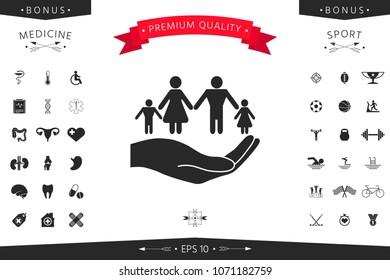 Hand holding a symbol of family. Family protect icon