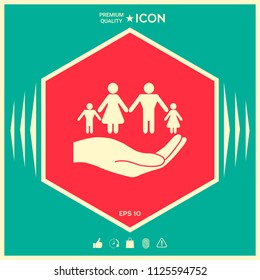 Hand holding a symbol of family. Family protect icon