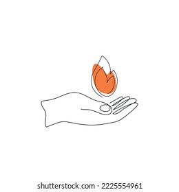 Hand holding symbol fire white background  Black line the hand and the image flame and orange color spot  One line drawing  minimalism  Vector illustration 