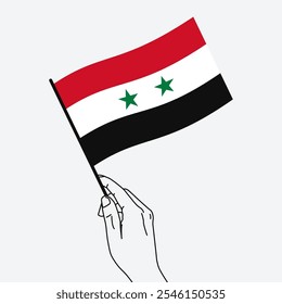 Hand holding Syria flag in line art drawing style. Syria hand Flag waving. Vector illustration